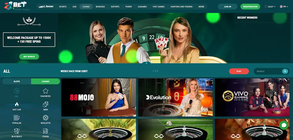 Live Dealer Games in 22bet casino Screenshot
